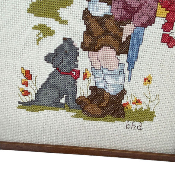 Boy And Dog Cross Stitch Vtg Handmade Multicolor Decorative Art 14"x12" - Picture 3 of 12